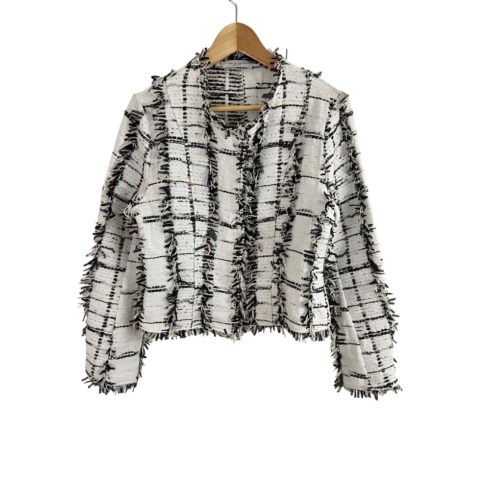 Lola & Sophie Tweed Fringe Jacket Women Medium White Black Striped Open Front